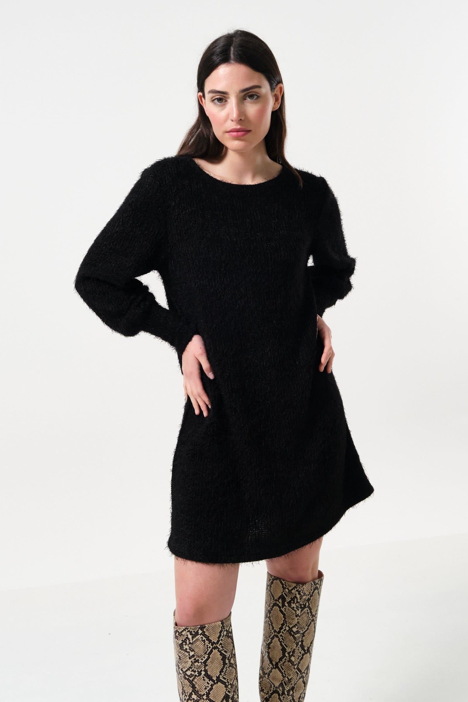 Louche Louche Women's Jenyfer Eyelash Rib Long Sleeve Mini Dress - Black