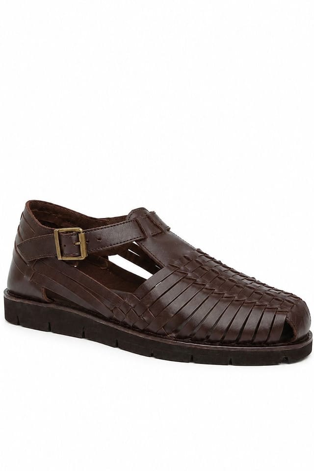 Leather Collection Leather Collection Men's Leather Flat Weaved Sandals in Dark Brown - 2