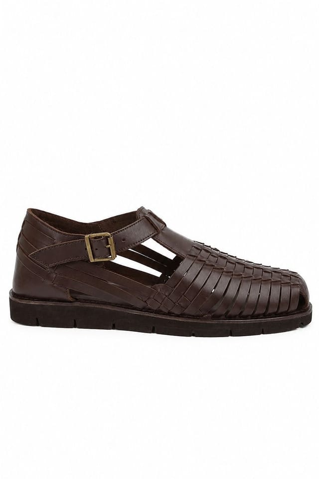 Leather Collection Leather Collection Men's Leather Flat Weaved Sandals in Dark Brown - 3