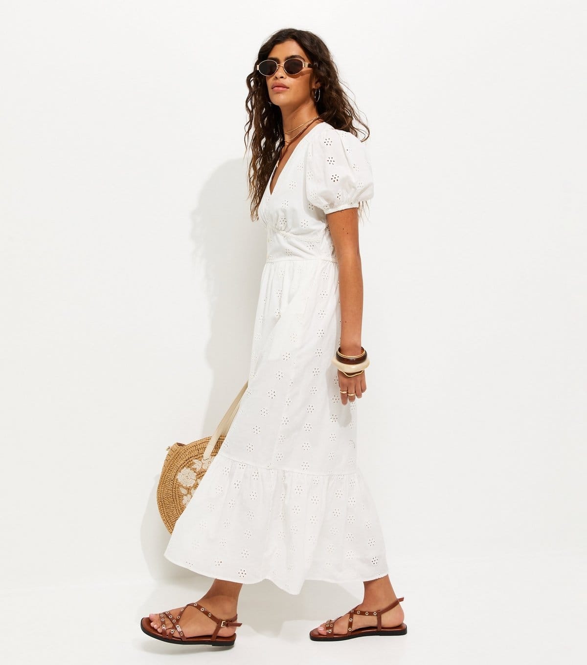 Women's White Cotton Broderie Anglaise Puff Sleeve Midi Dress New Look