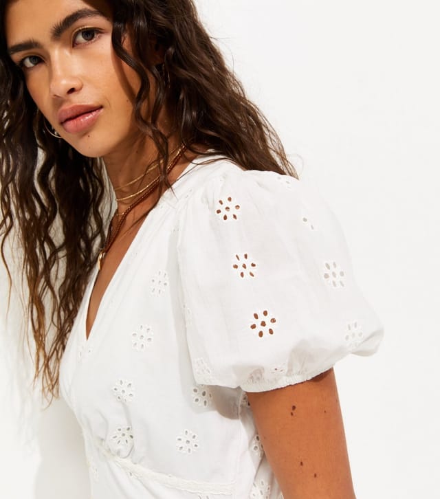 New Look Women's White Cotton Broderie Anglaise Puff Sleeve Midi Dress New Look - 2