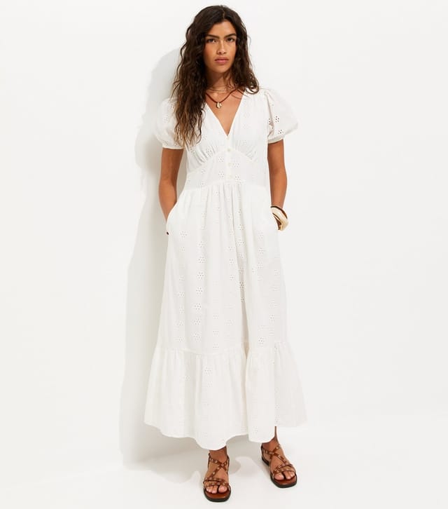 New Look Women's White Cotton Broderie Anglaise Puff Sleeve Midi Dress New Look - 3