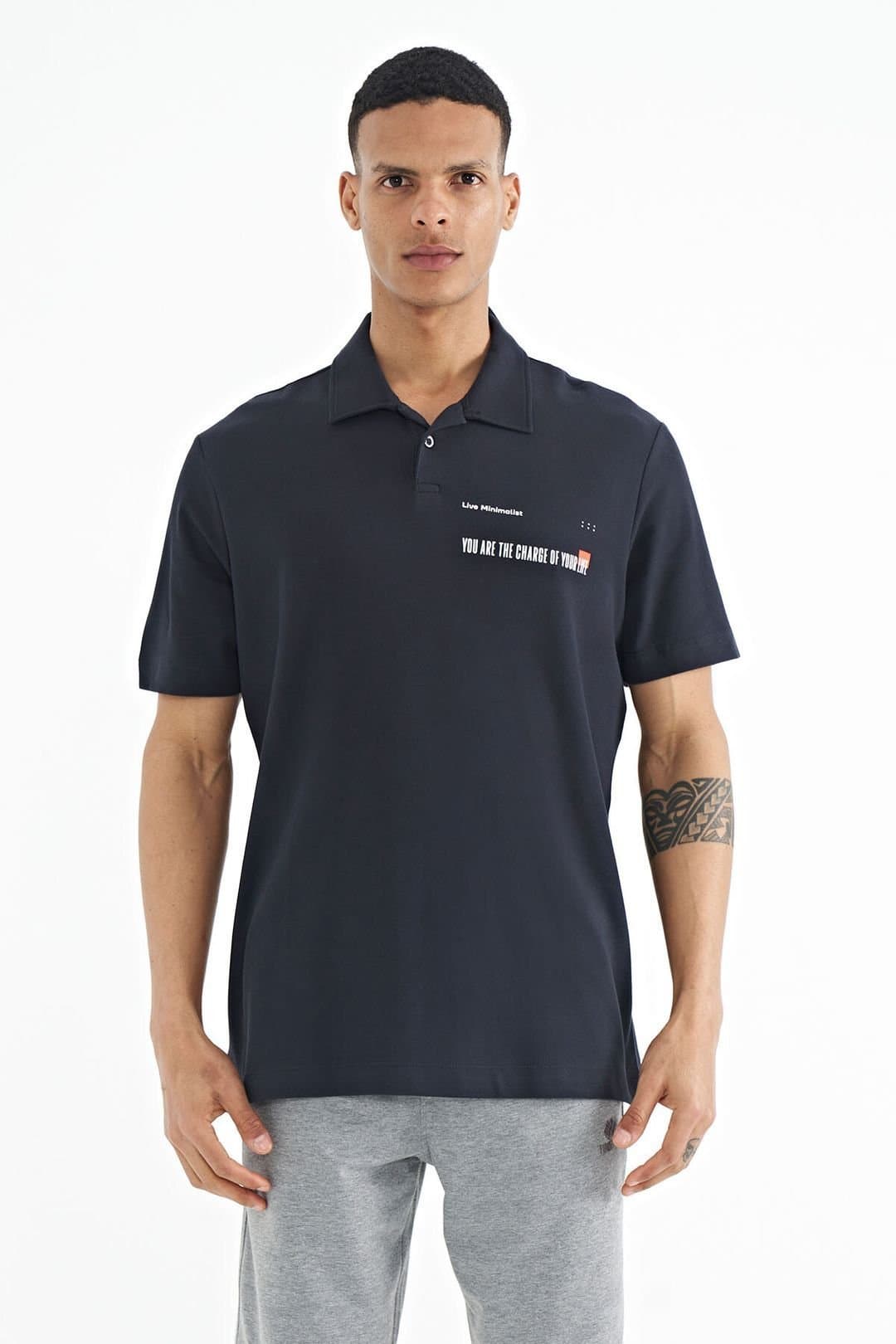Tommy Life Tommy Life Men's Cotton Polo T-Shirt With Text Print in Navy
