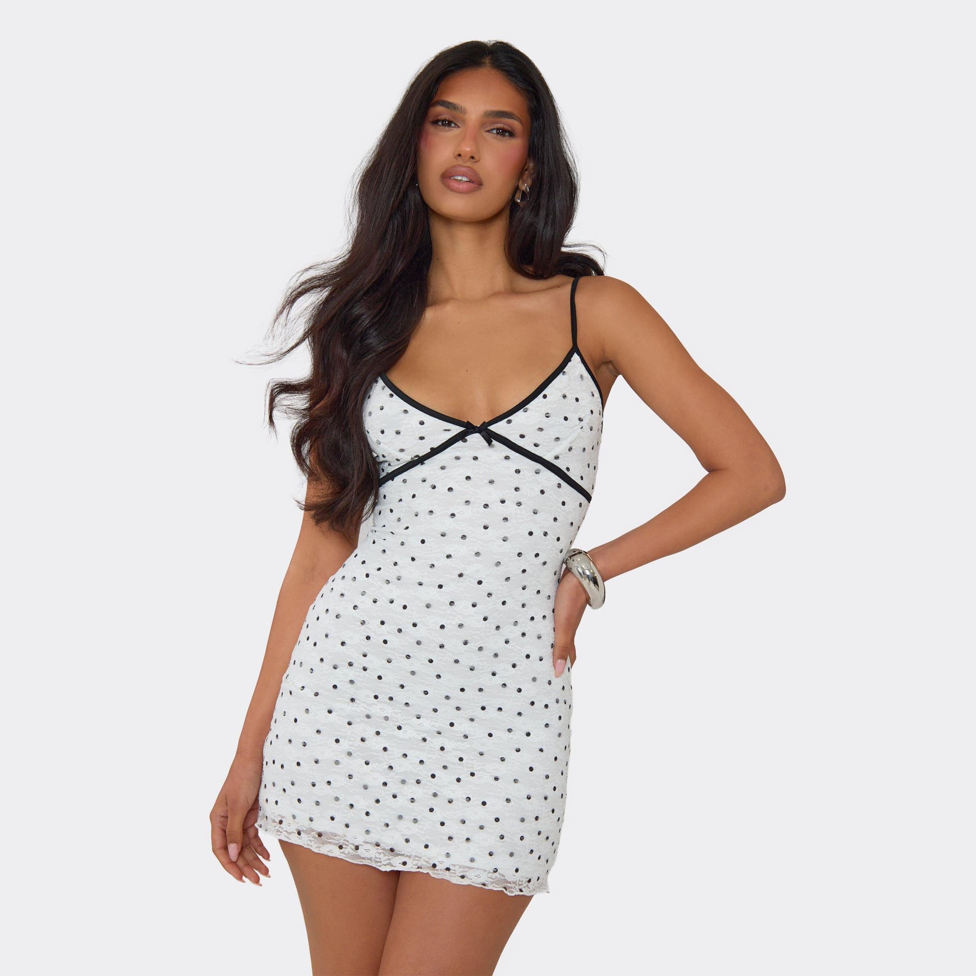 EGO Strappy Contrast Binding Mini Dress In White Polka Dot Lace, Women's Size UK 8