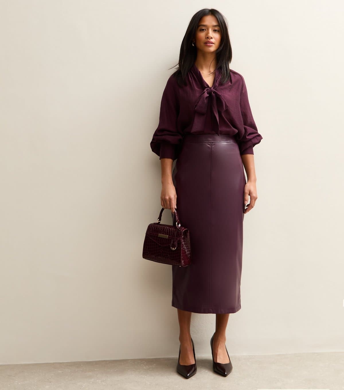 New Look New Look Dark Burgundy Faux Leather Pencil Skirt