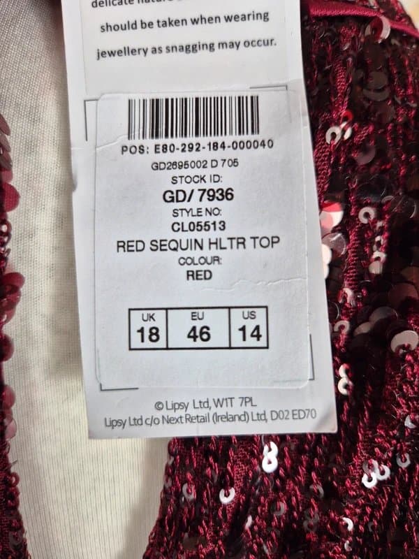 Lipsy Lipsy red sequin halter top size 18