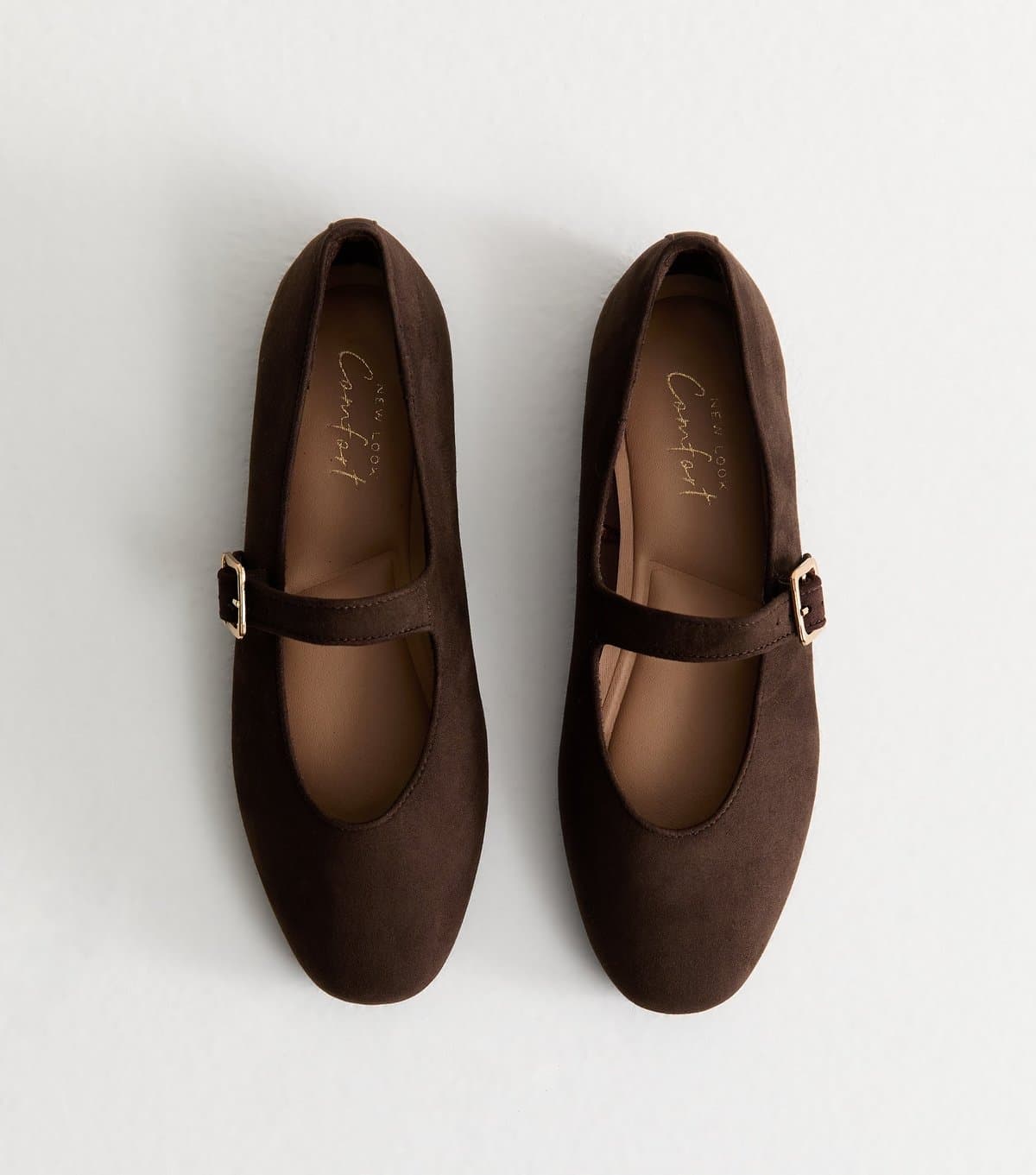 New Look Women's Brown Faux Suede High Vamp Mary Jane Ballerina Flats Vegan New Look