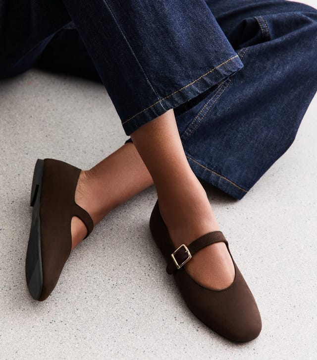 New Look Women's Brown Faux Suede High Vamp Mary Jane Ballerina Flats Vegan New Look - 2