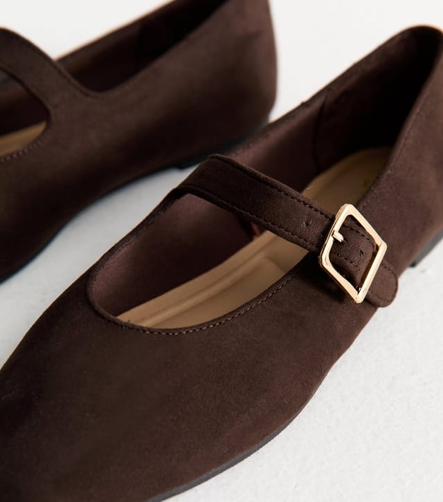 New Look Women's Brown Faux Suede High Vamp Mary Jane Ballerina Flats Vegan New Look - 3