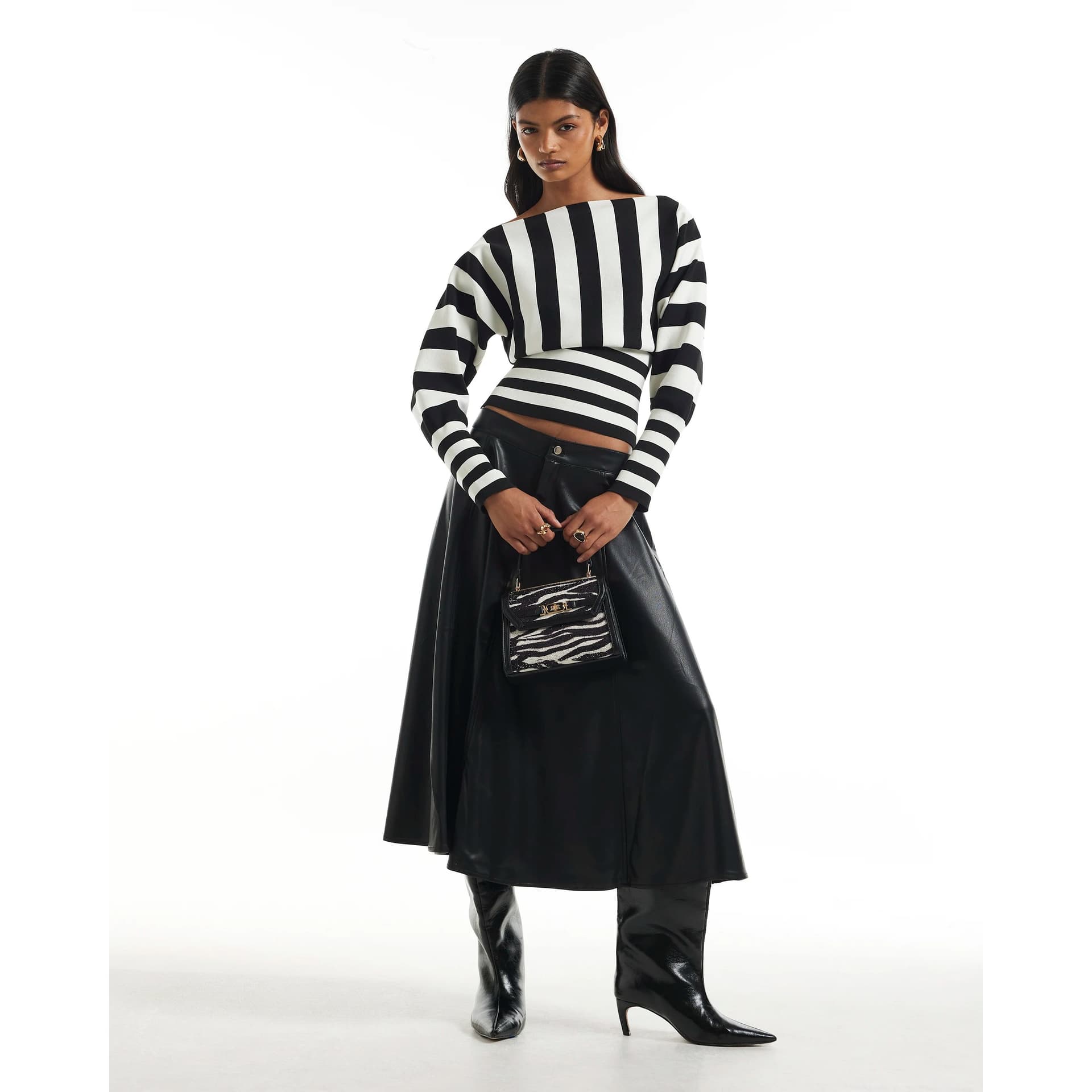 River Island River Island Womens Black Faux Leather A Line Midi Skirt