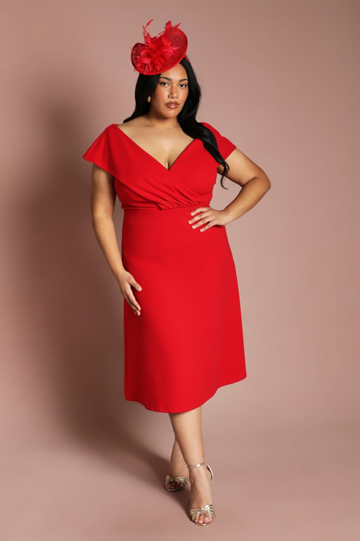 Coast Coast Women's Plus Plain Bardot Midi Dress in Red