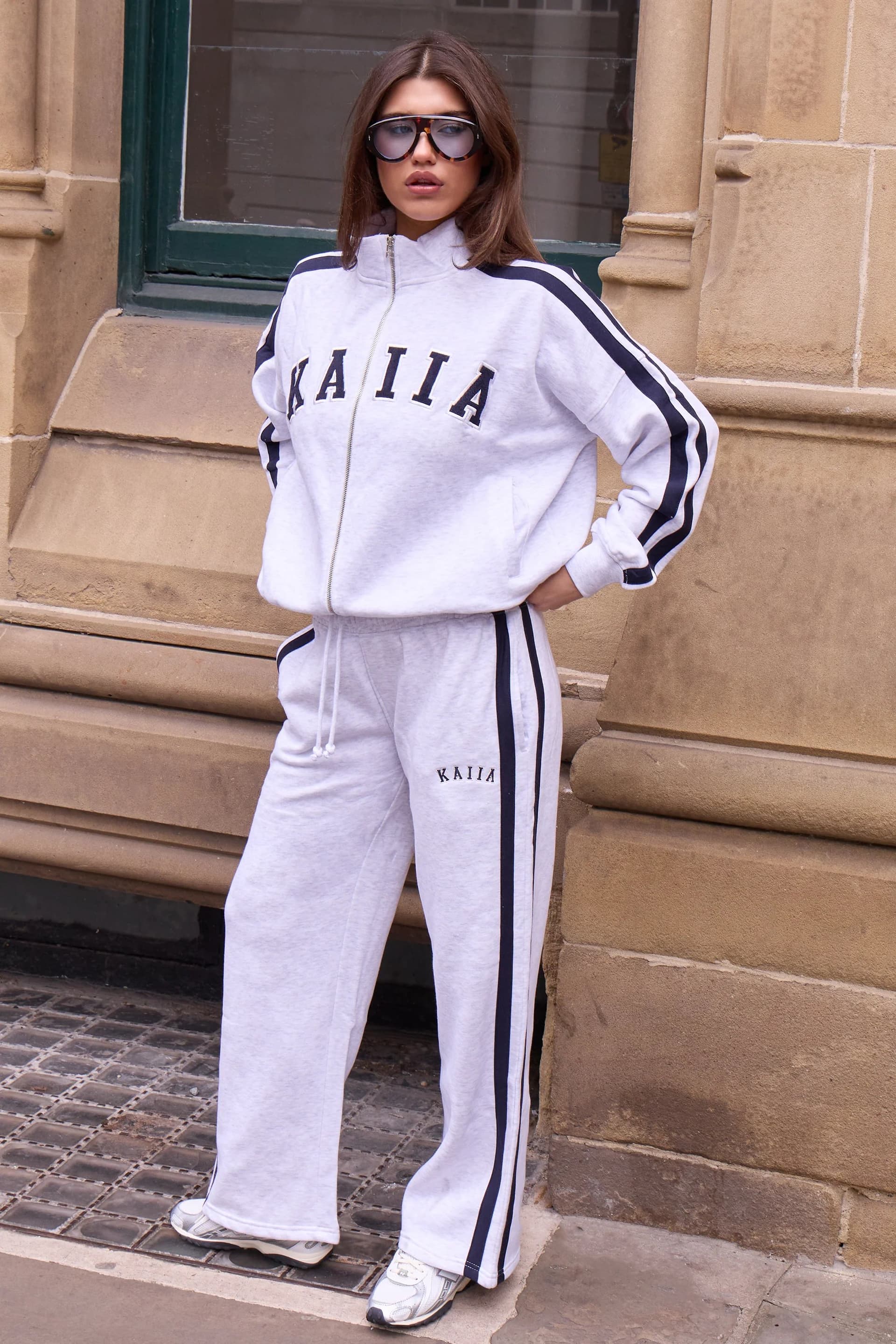 Kaiia Kaiia Sport Side Stripe Wide Leg Joggers Light Grey Marl & Navy