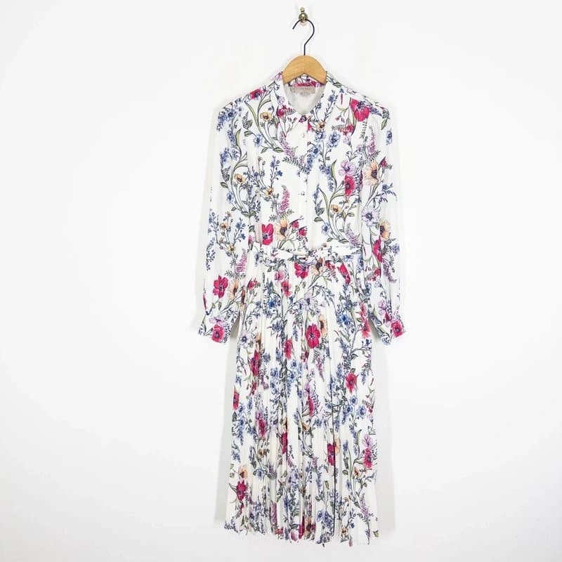 Hobbs Hobbs Ashleen Pleated Shirt Dress Size 12 NEW White Floral Belted Midi RRP £199