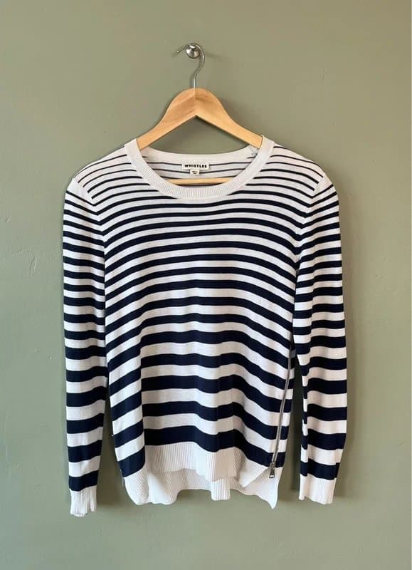 Whistles Whistles Jumper Knit Top Size 12 Navy & White Stripe 100% Cotton Side Zips VGC