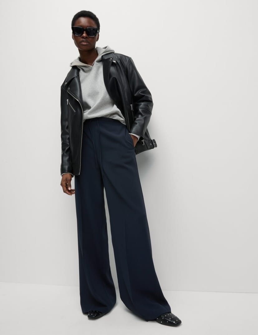 Marks & Spencer M&S Crepe Elasticated Waist Wide Leg Trousers Dark Navy - 1