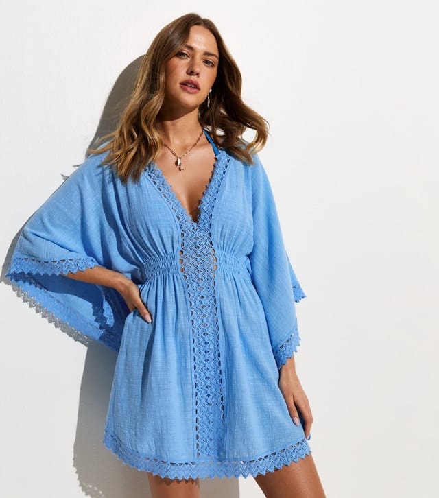 New Look Women's Light Blue Cotton Crochet Trim Beach Kaftan Dress New Look - 2