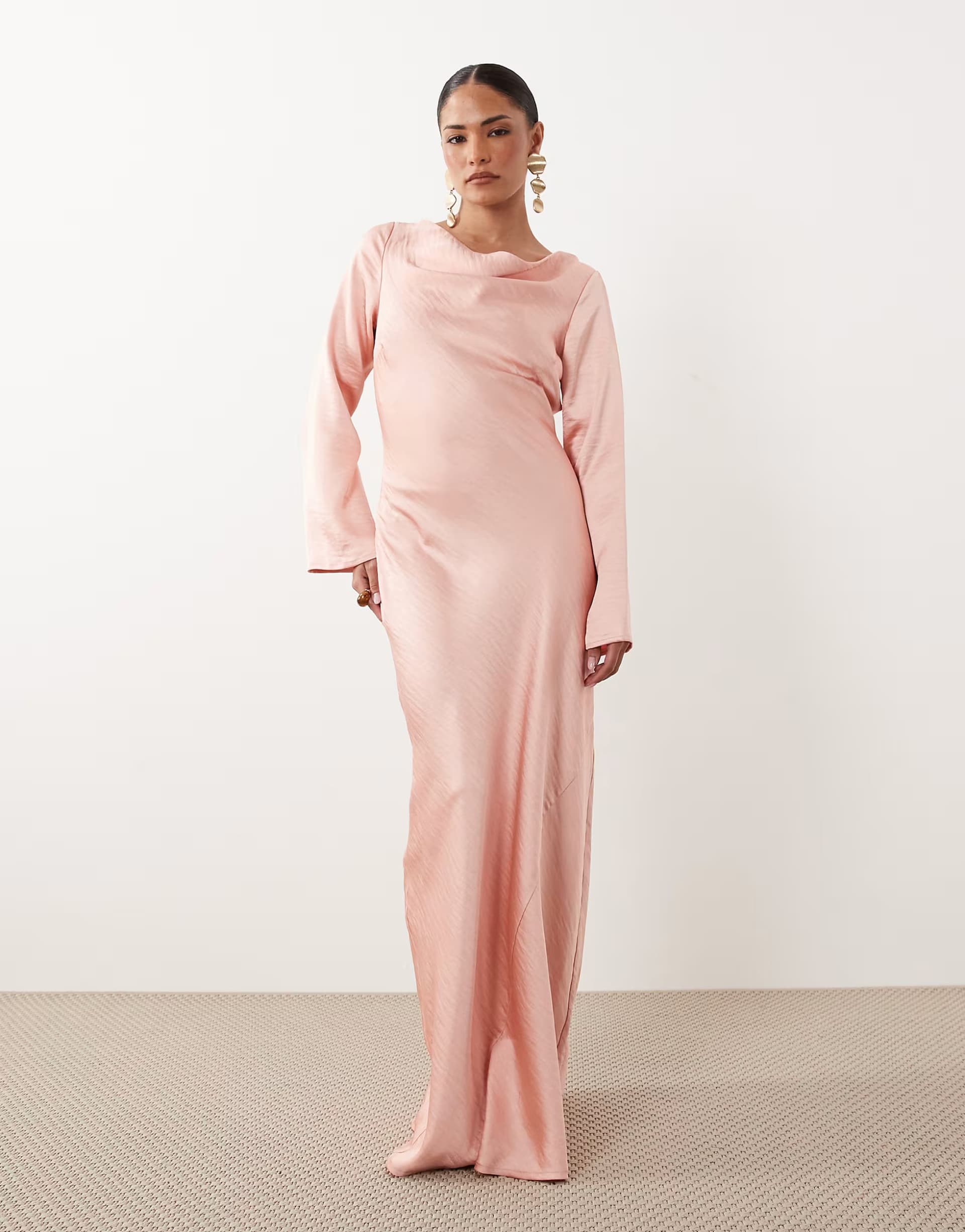 ASOS TFNC Petite satin flared long sleeve maxi dress in baby pink