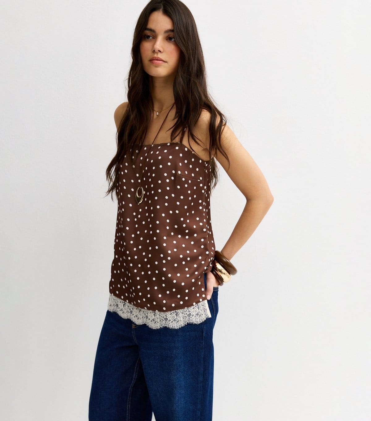 New Look Brown Satin Polka Dot Cami Top
