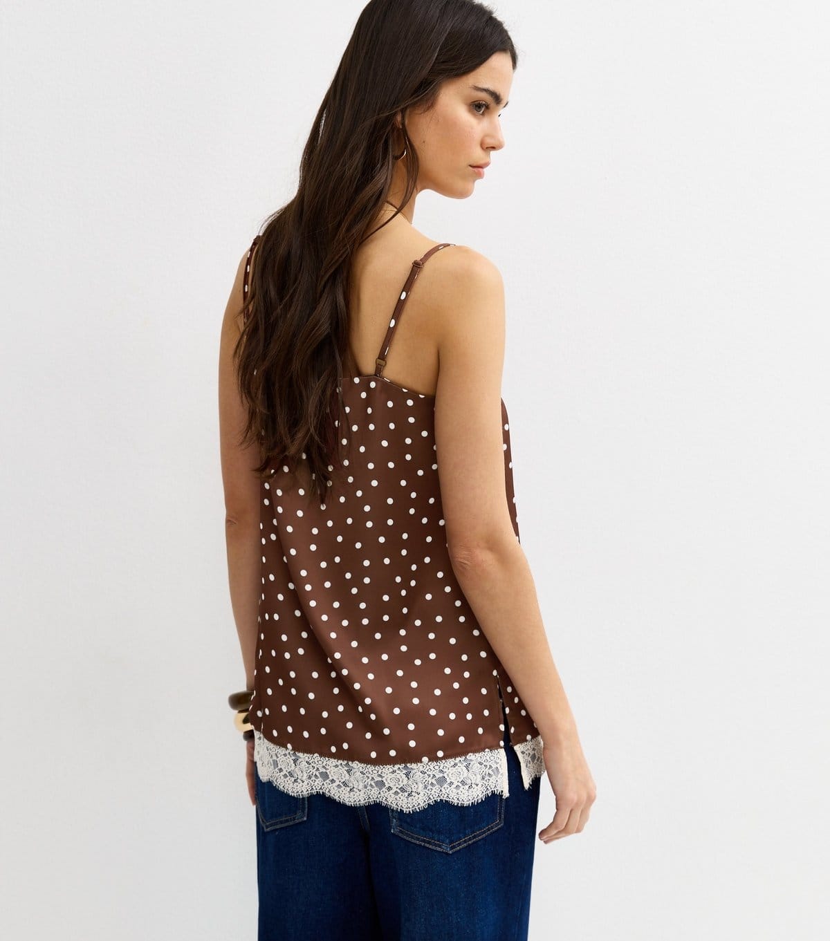 New Look Women's Brown Satin Polka Dot Lace Hem Cami Top New Look - 4