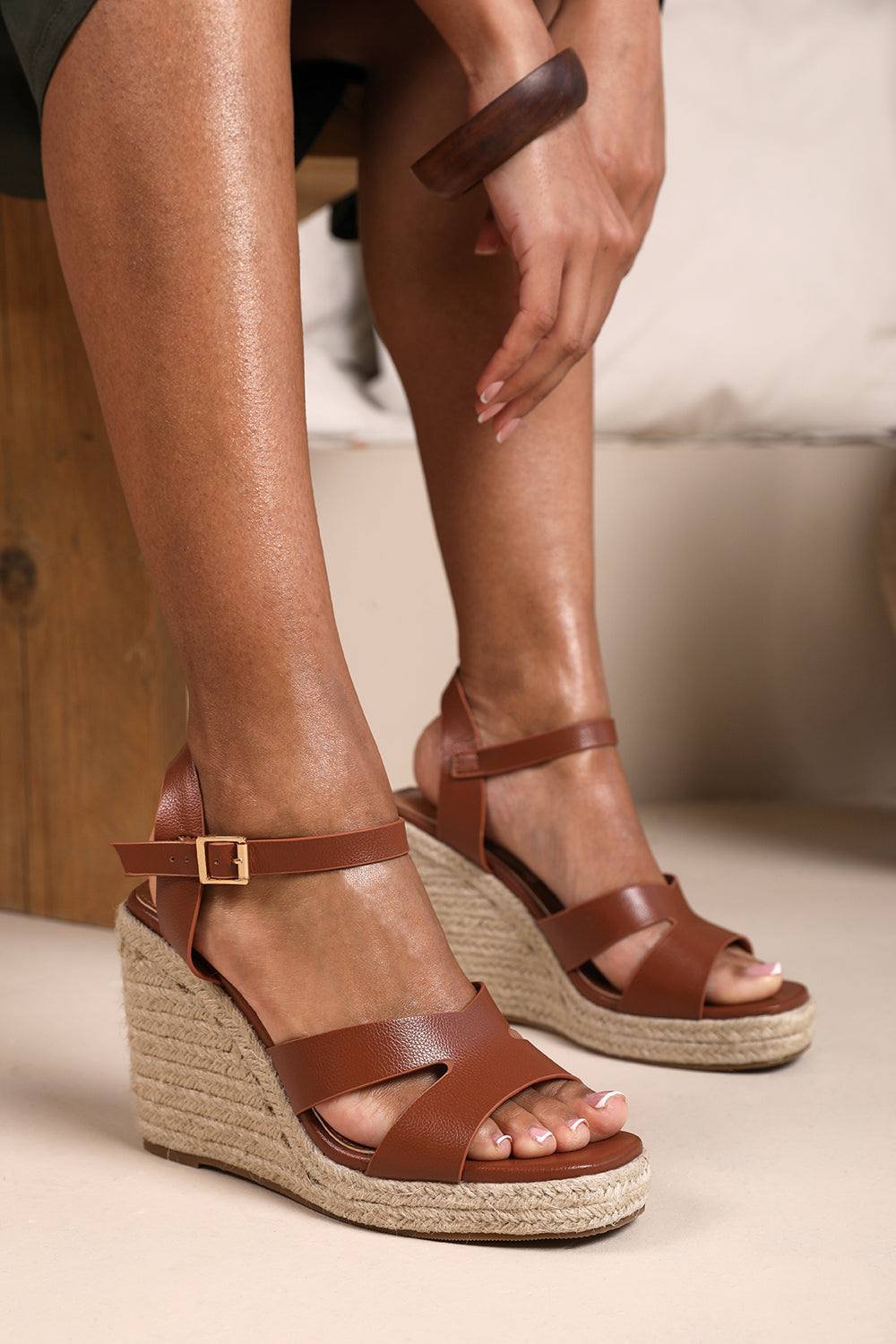 Wheres That From Where's That From Women's 'Jaime' Cut Out Strap Detail Wedge Shoes With Buckle Closure in Tan - 3