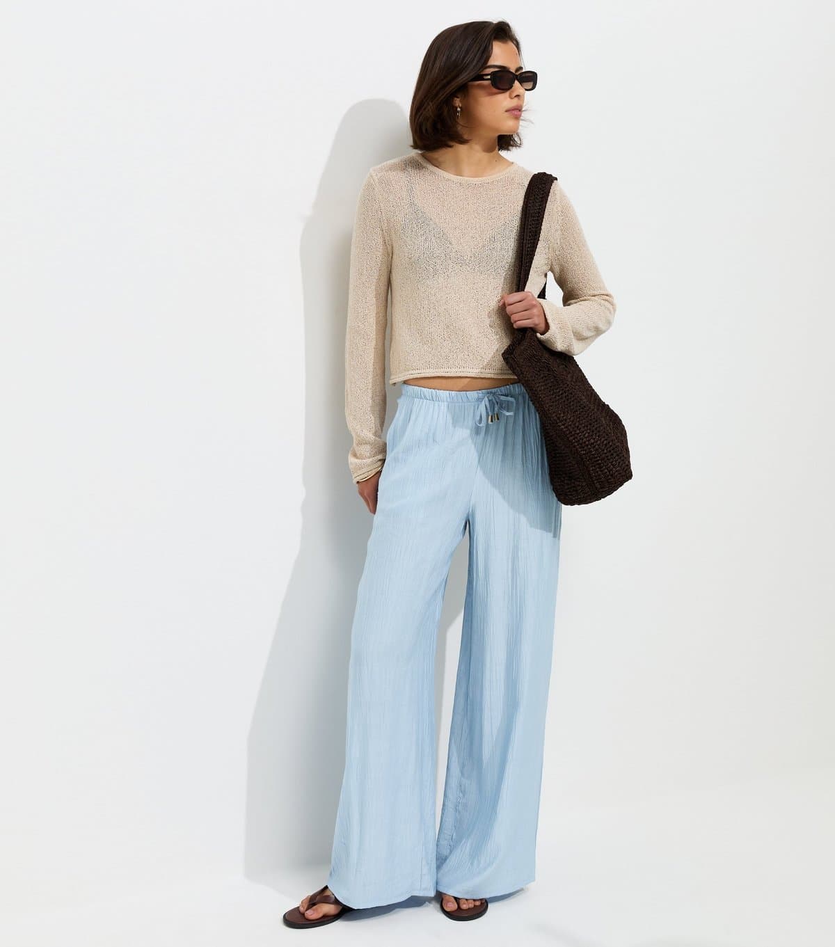 New Look Women's Light Blue Crinkle Wide Leg Trousers New Look