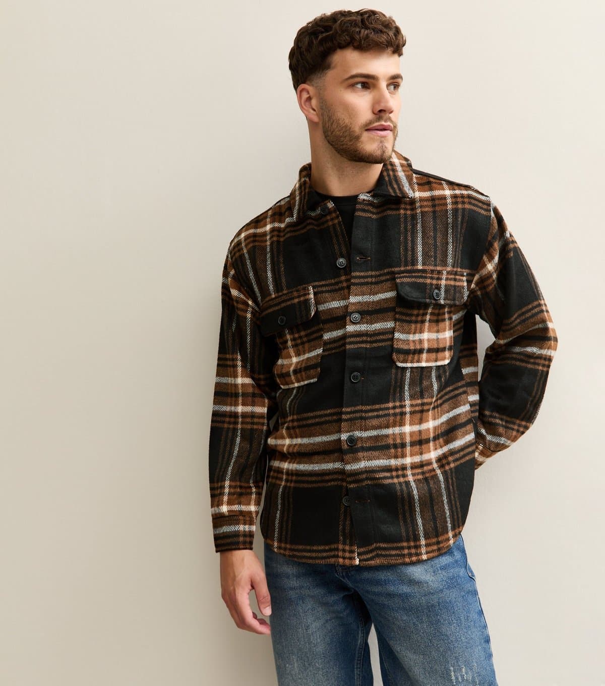 jack & jones Men's Black and Orange Check Long Sleeve Heavyweight Overshirt Jack & Jones New Look