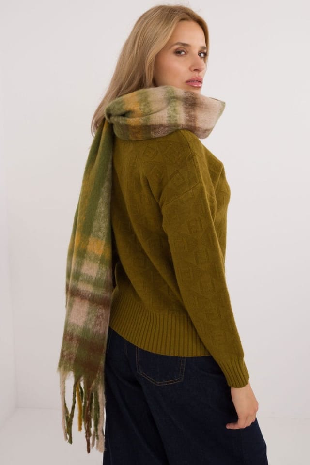Love Lace Love Lace Women's Elegant Classic Check Polyester Scarf With Tassels For Winter in Green - 3