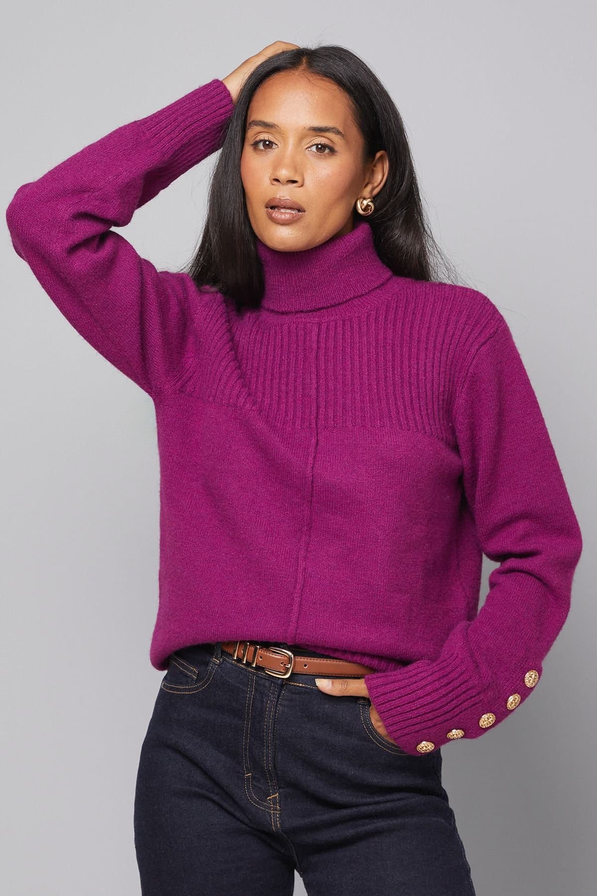 Wallis Wallis Women's Rib Panel Button Sleeve Jumper in Wine