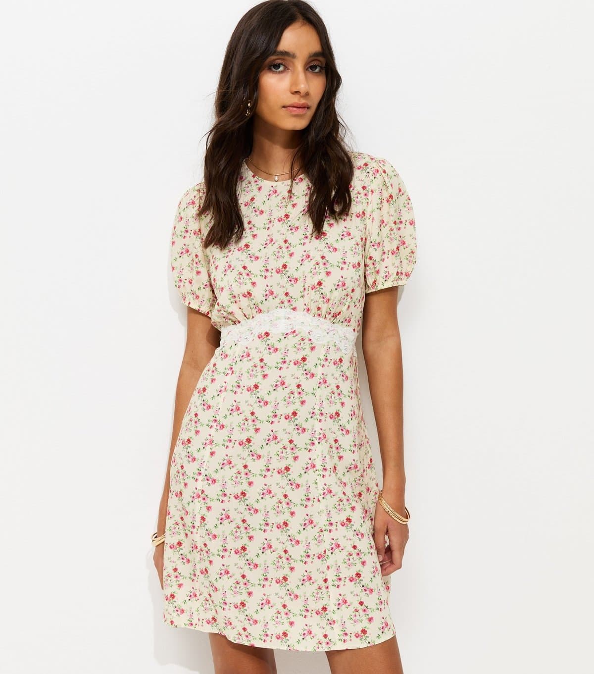 New Look Women's Cream Floral Print Lace Trim Mini Dress New Look