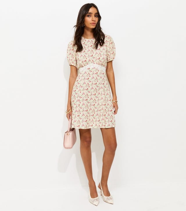 New Look Women's Cream Floral Print Lace Trim Mini Dress New Look - 2