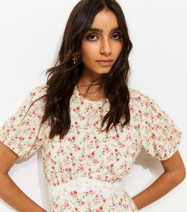 New Look Women's Cream Floral Print Lace Trim Mini Dress New Look - 3