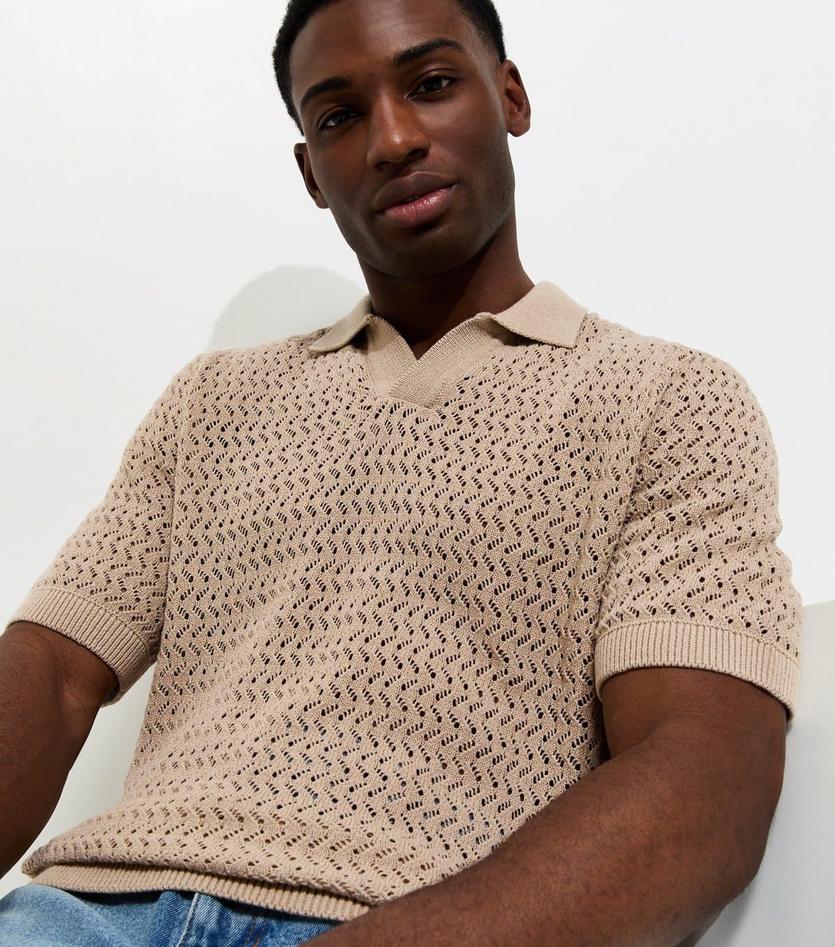 Only and Sons Men's Stone Regular Open Knit Polo Shirt Only and Sons New Look