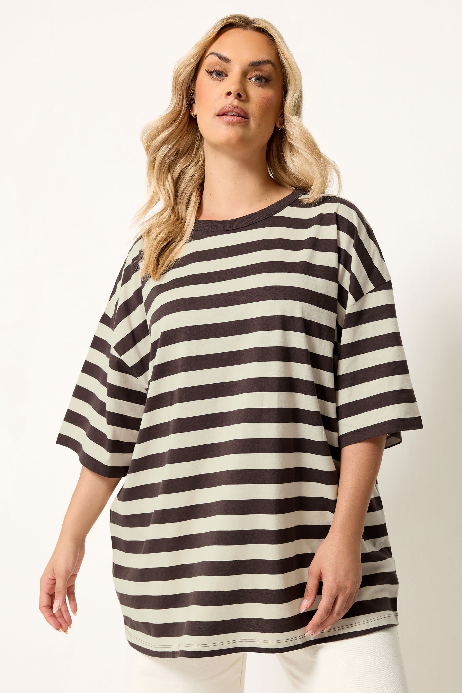 Yours Plus Size Chocolate Brown & Cream Boxy Tshirt
