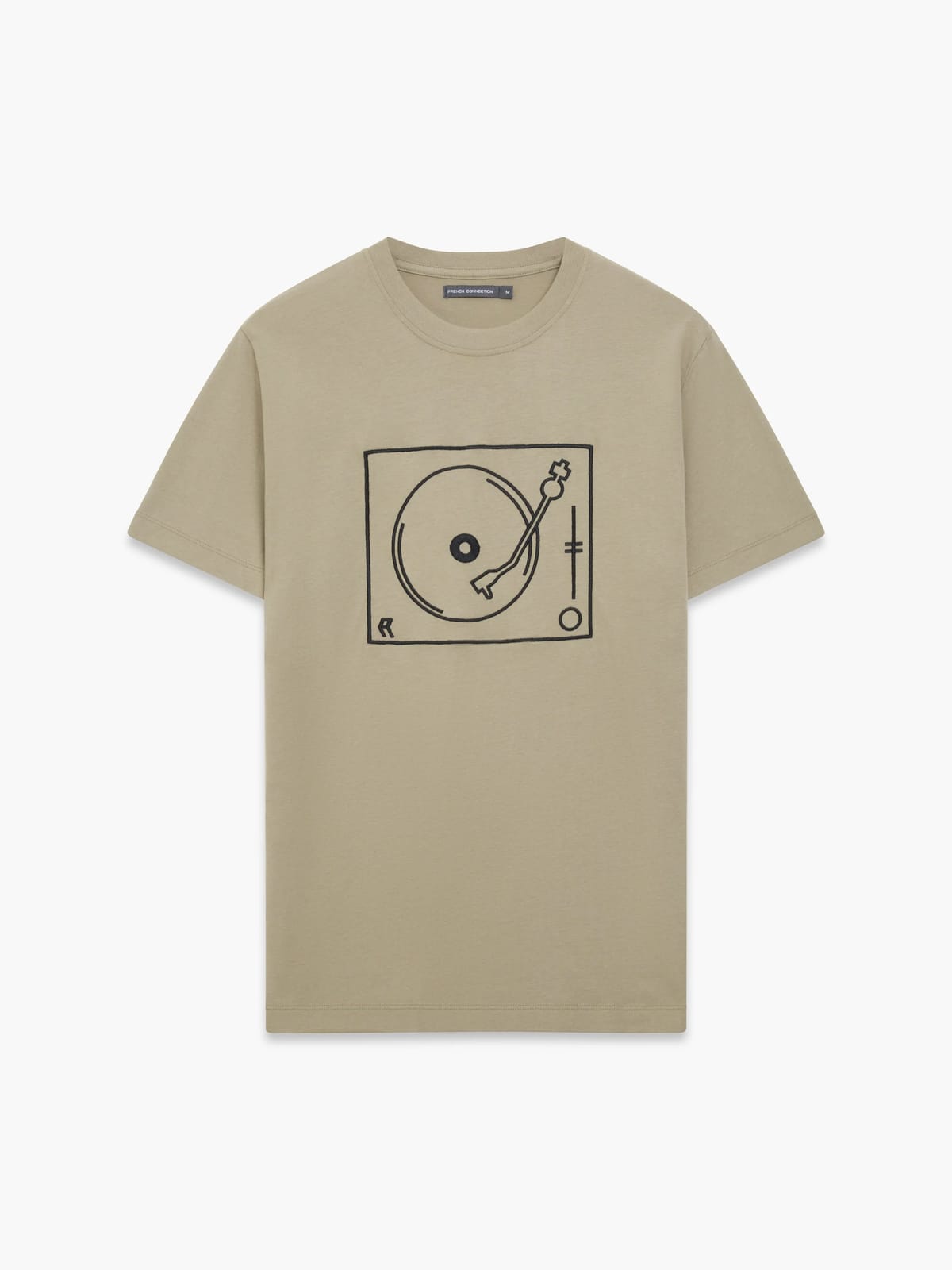 French Connection Short Sleeve Turntable Embroidered Graphic T-Shirt Light Khaki/black - 1