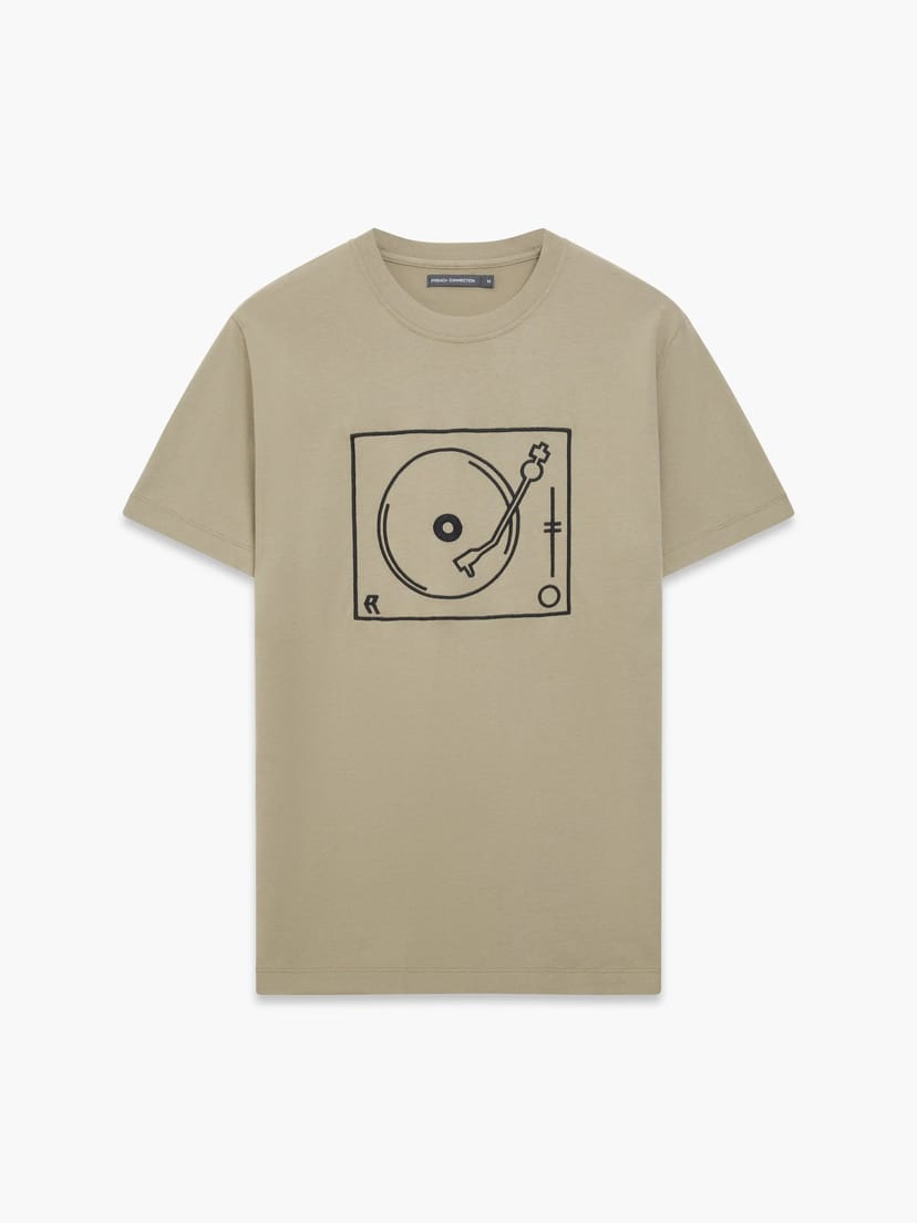 French Connection Short Sleeve Turntable Embroidered Graphic T-Shirt Light Khaki/black - 1