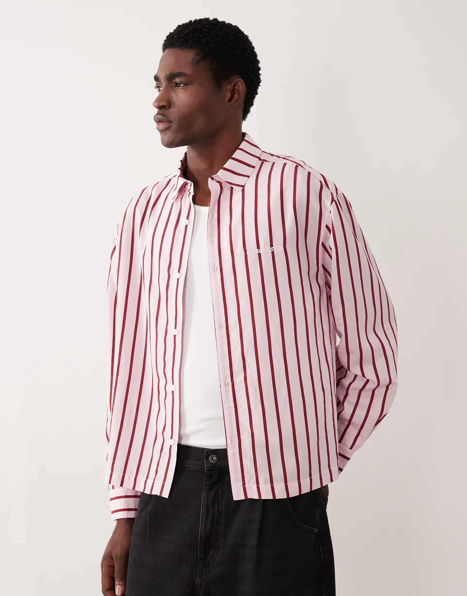 ASOS ASOS DESIGN boxy oversized stripe shirt with chest embroidery in pink - 1