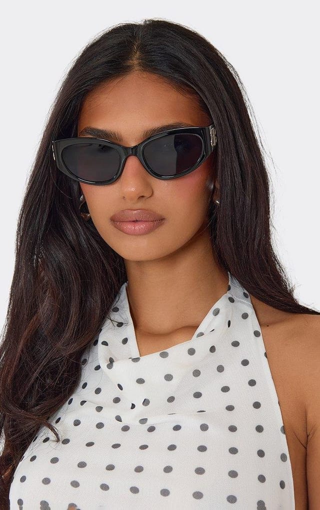 EGO Side Silver Logo Detail Thick Frame Tinted Lense Cateye Shaped Sunglasses In Black, Women's Size UK 0 - 2