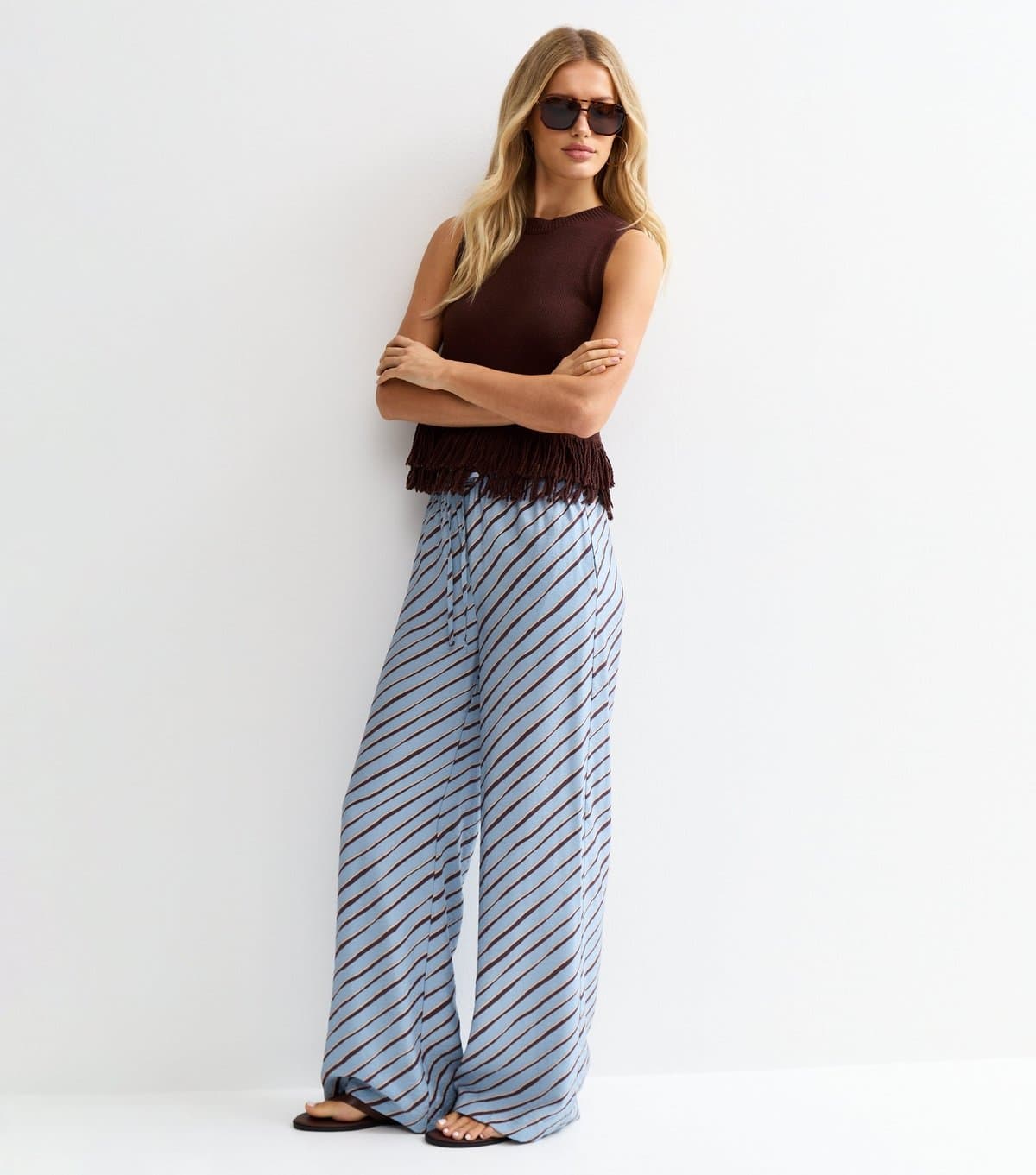 New Look New Look Light Blue Diagonal Stripe Wide Leg Trousers