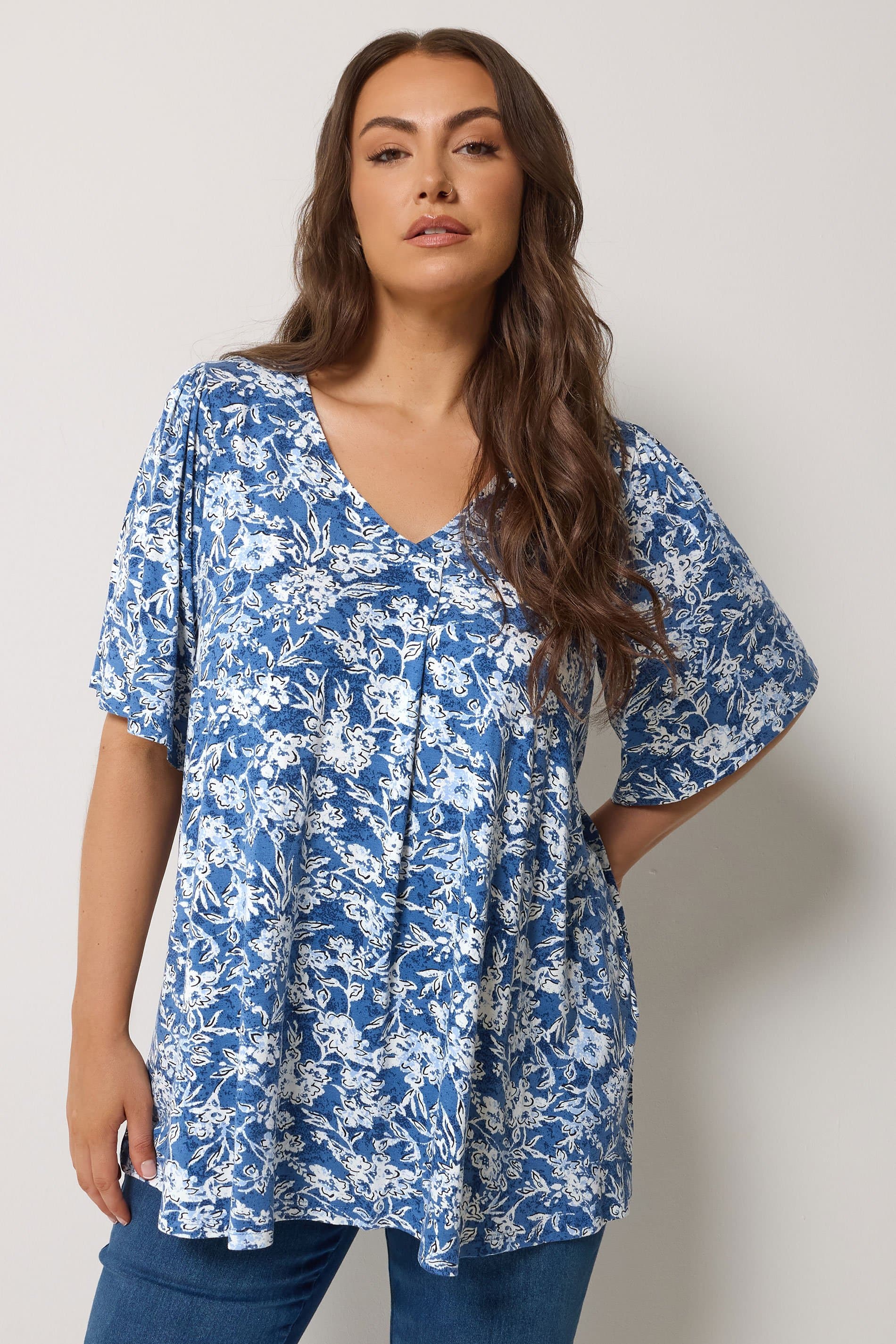 Yours Plus Size Blue Abstract Floral Pleat Front Top