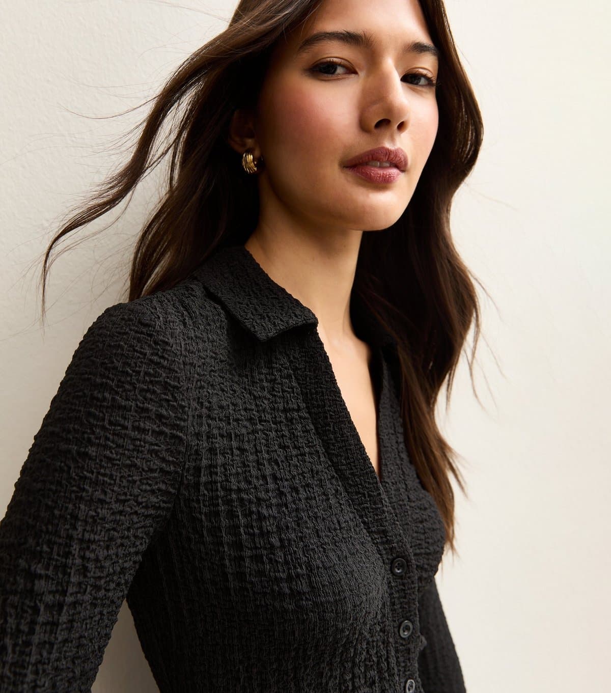 New Look Women's Black Textured Jersey Collared Long Sleeve Top New Look