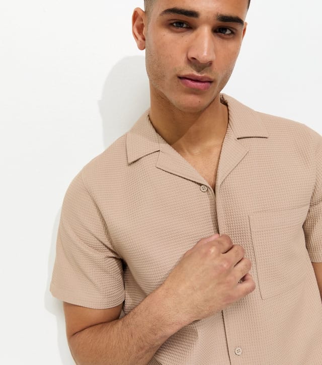 New Look Men's Stone Regular Waffle Shirt New Look - 2