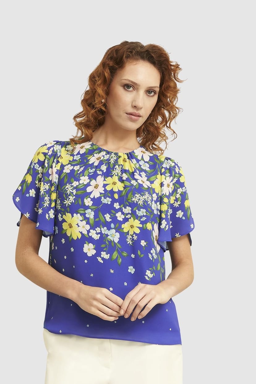 Hobbs London Hobbs London Women's Verena Flutter Sleeve Floral Top in Royal - 1