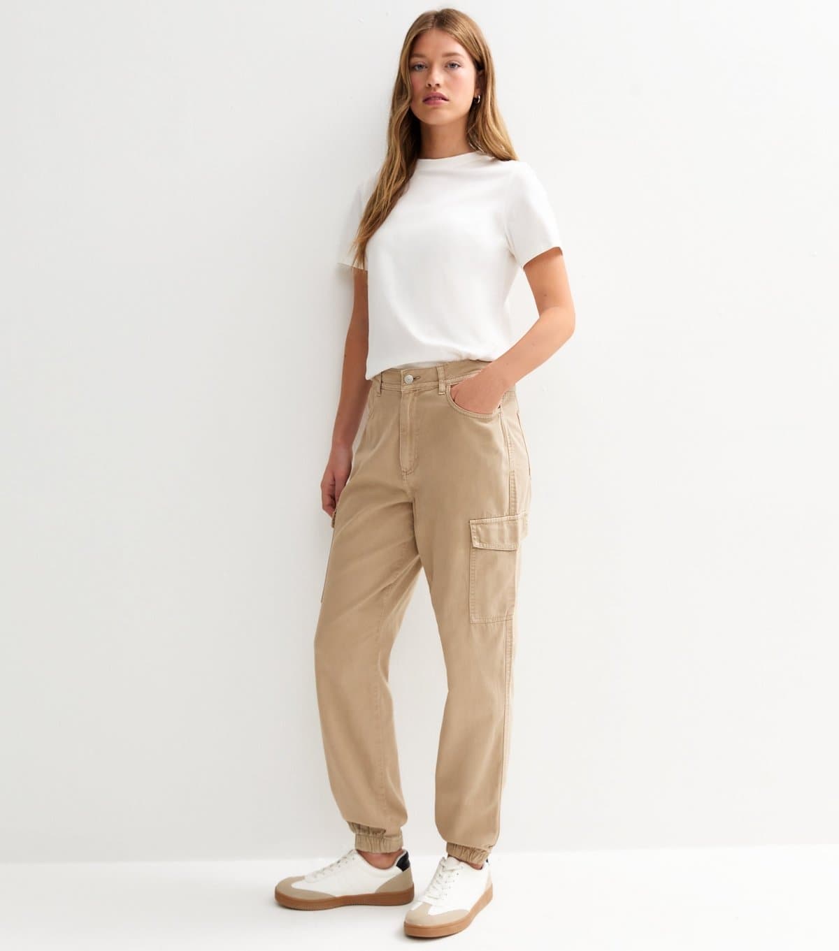 New Look Women's Stone Denim Cuffed Cargo Trousers New Look