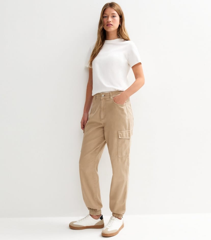 New Look Women's Stone Denim Cuffed Cargo Trousers New Look - 1