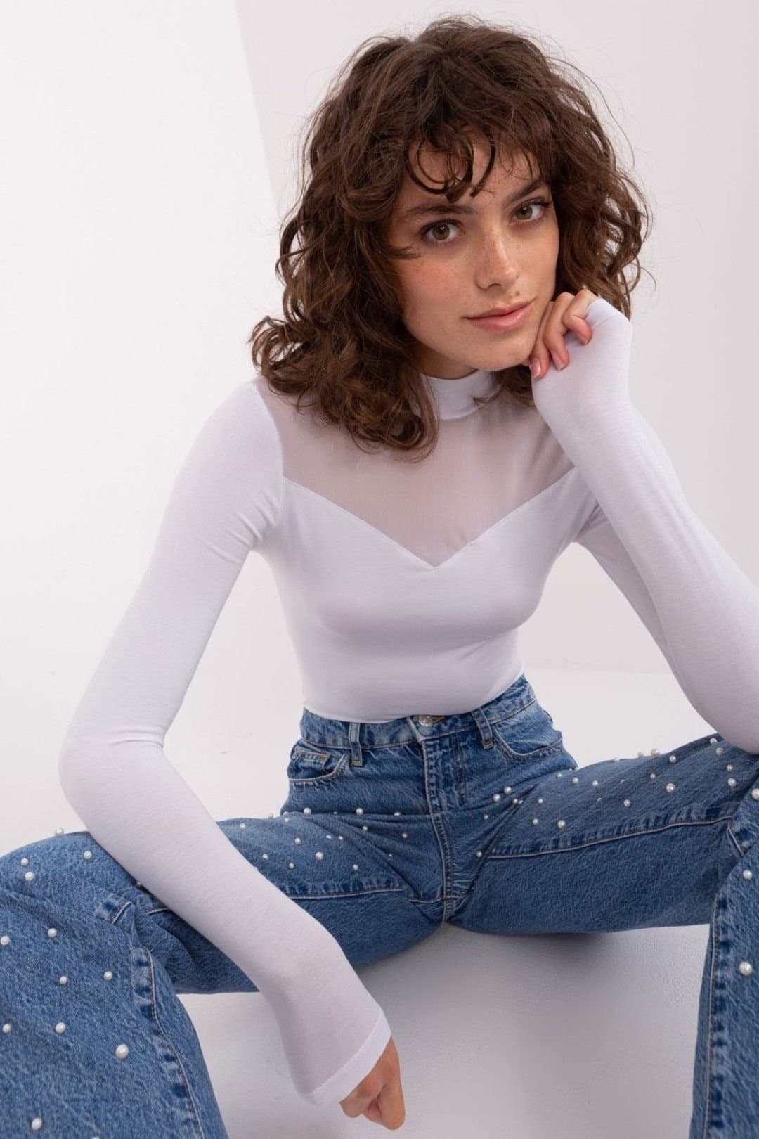 Love Lace Love Lace White Viscose Half Turtleneck Fitted Blouse