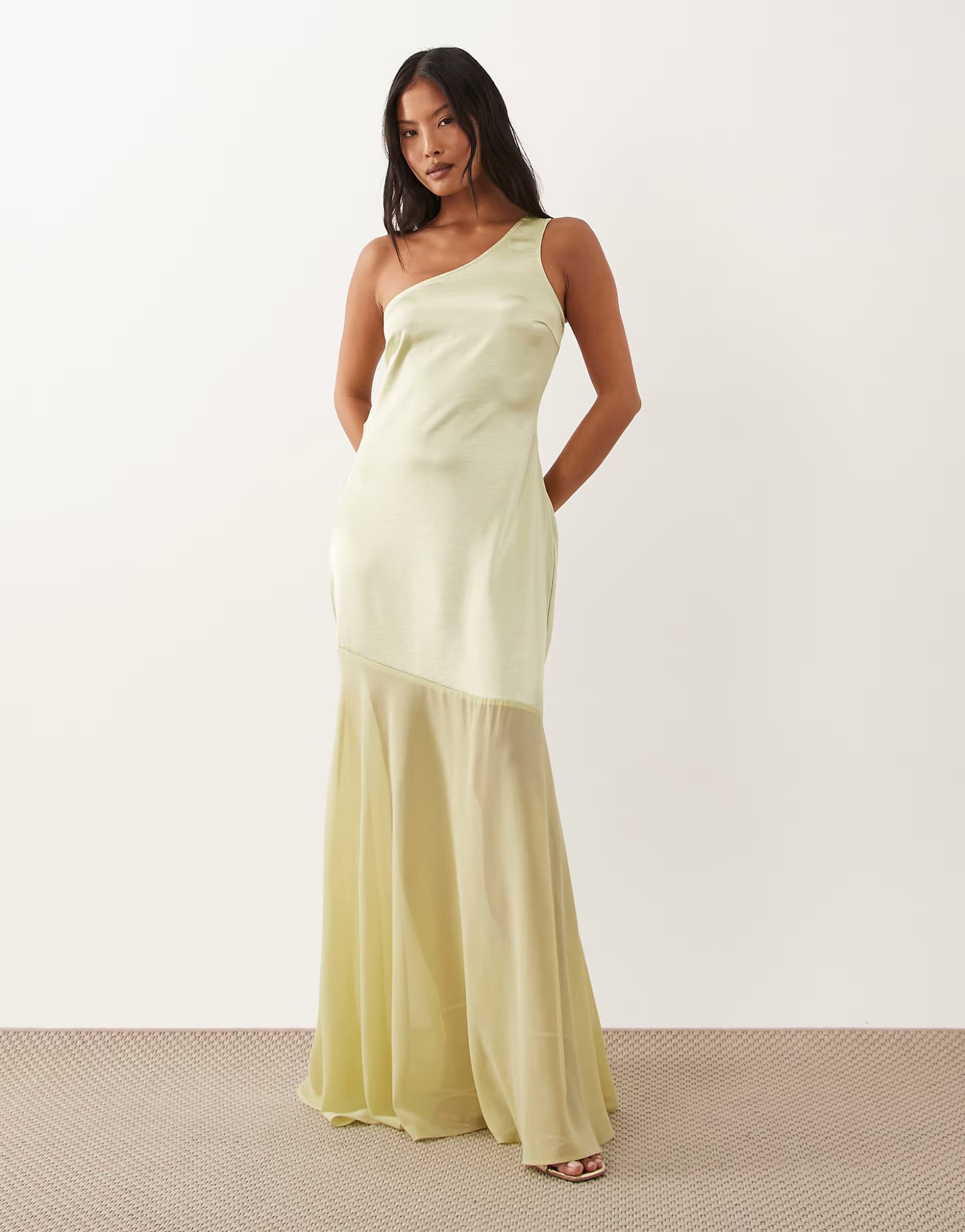 ASOS TFNC Petite satin one shoulder cowl back chiffon maxi skirt in lime