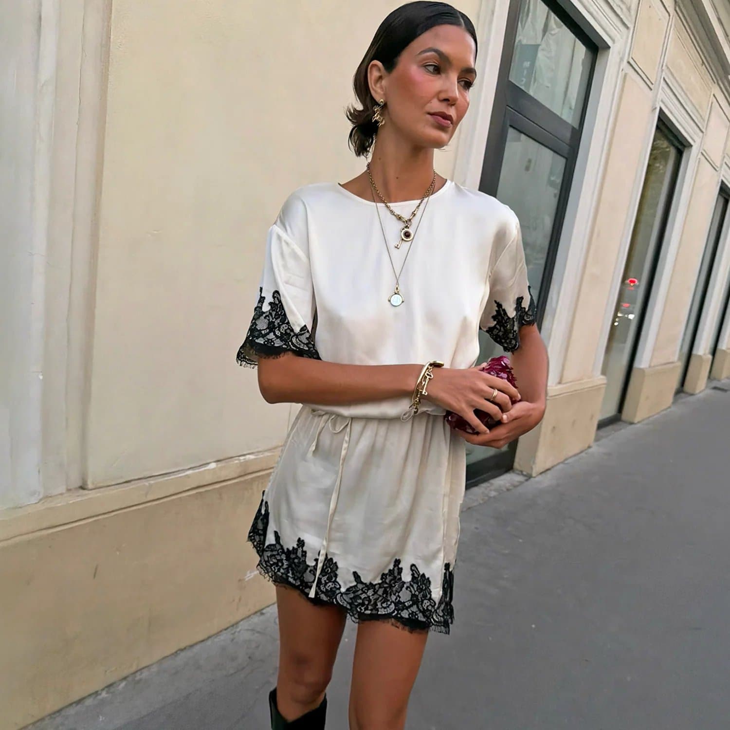 Never Fully Dressed Cream &amp; Black Lace T-Shirt Dress