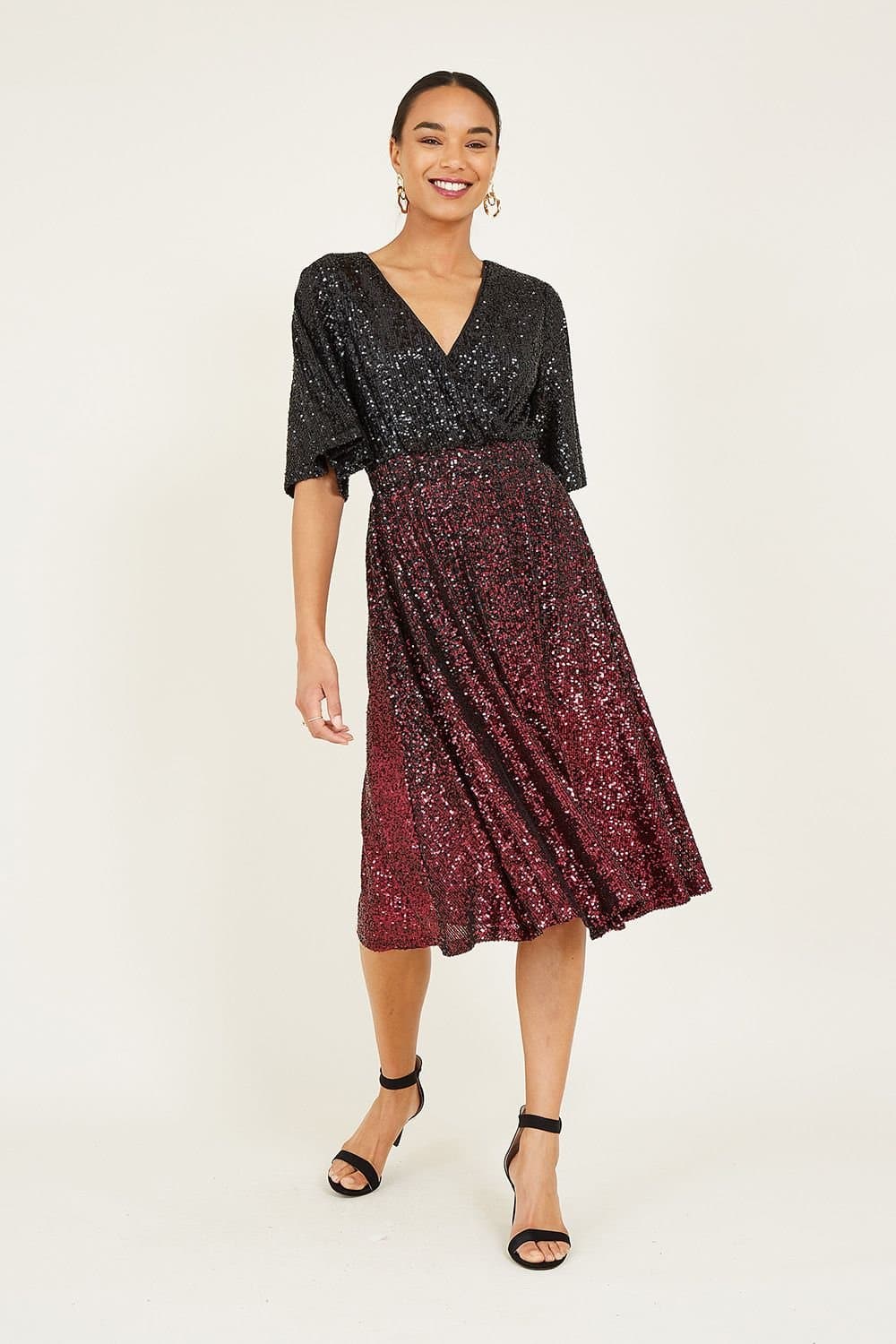 Yumi Yumi Women's Black & Red Ombre Sequin Midi Wrap Dress