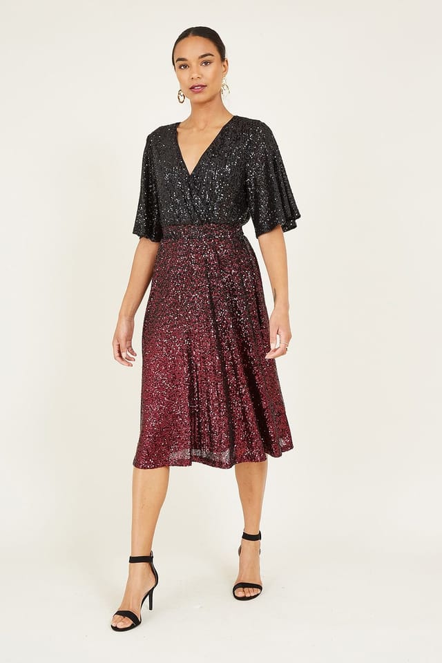 Yumi Yumi Women's Black & Red Ombre Sequin Midi Wrap Dress - 2