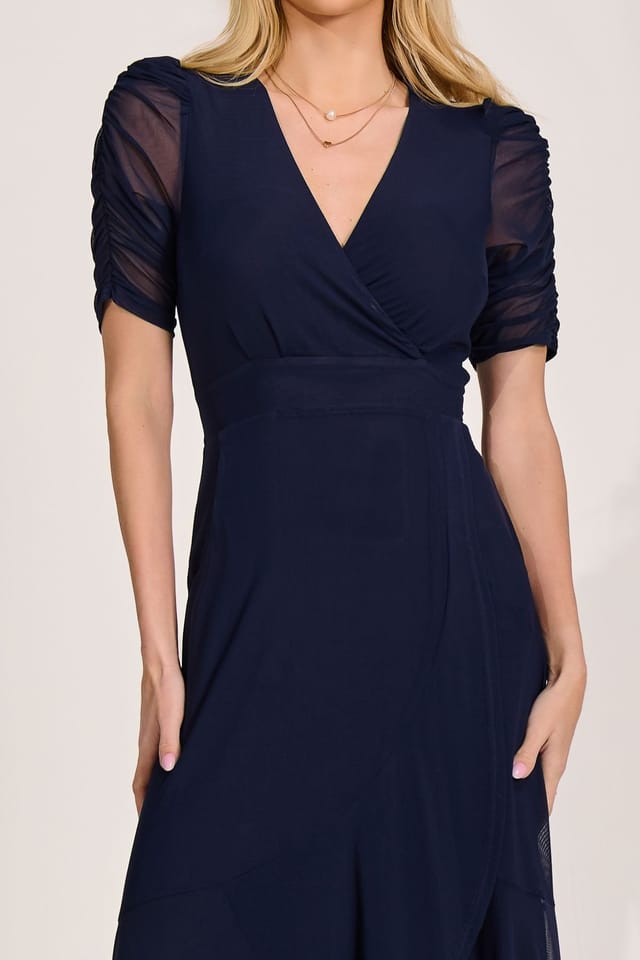 Jolie Moi Jolie Moi Women's Ruched Sleeve Mesh Maxi Dress in Navy - 3